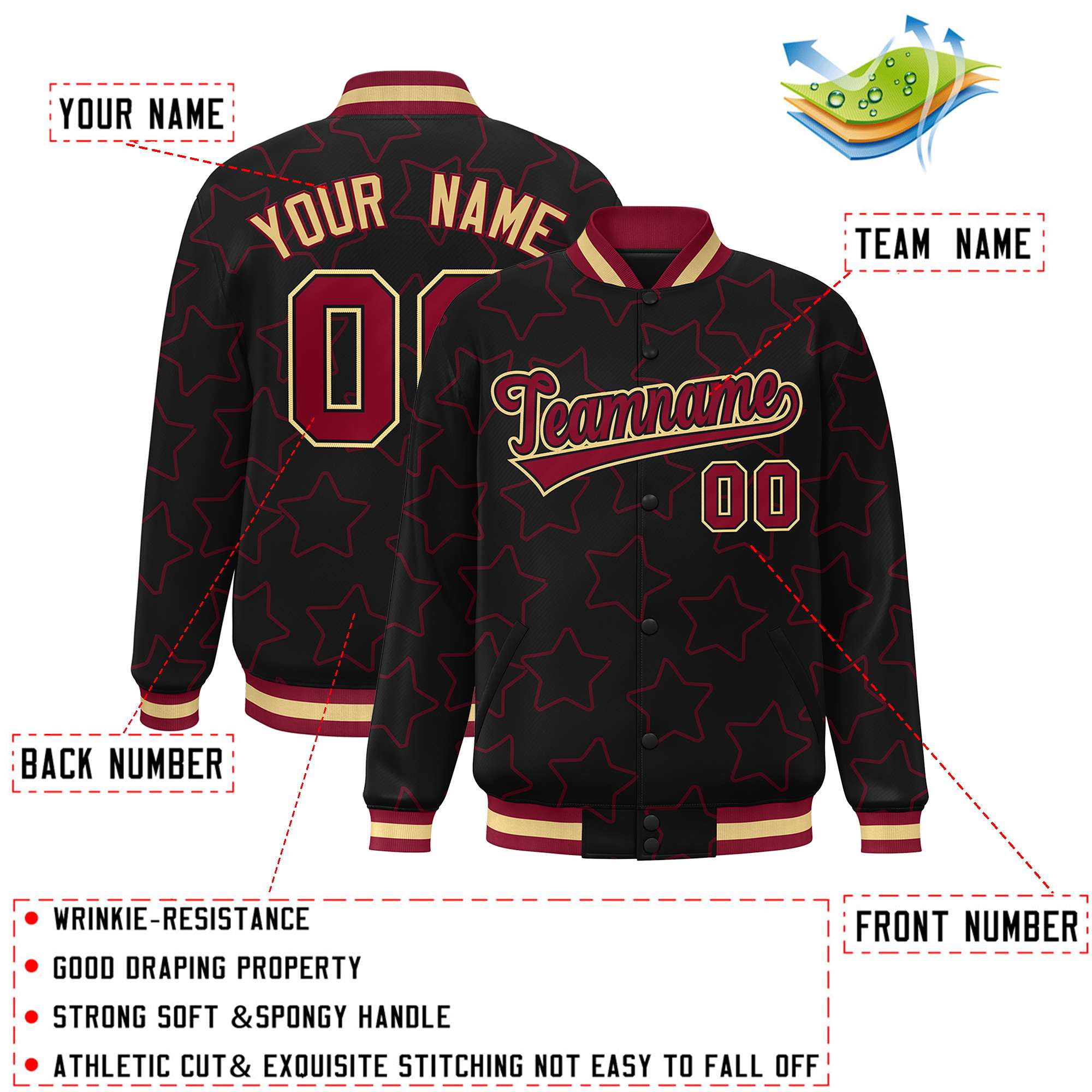 Custom Black Crimson Varsity Full-Snap Star Pattern Letterman Baseball Jacket