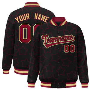 Custom Black Crimson Varsity Full-Snap Star Pattern Letterman Baseball Jacket