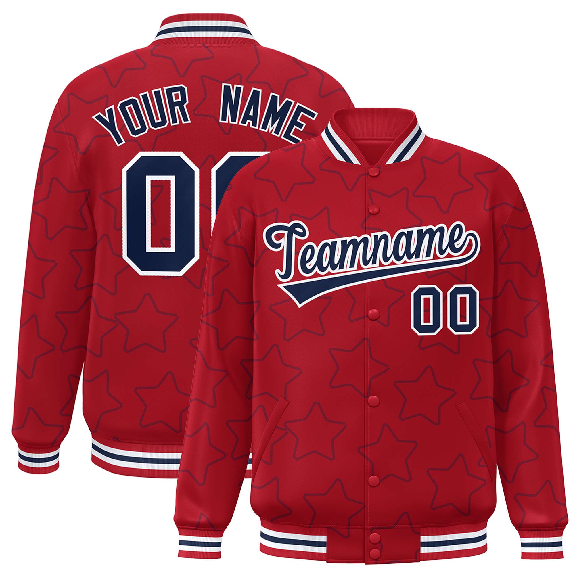 Custom Red Navy Varsity Full-Snap Star Pattern Letterman Baseball Jacket