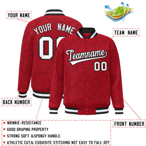 Custom Red Black Varsity Full-Snap Star Pattern Letterman Baseball Jacket