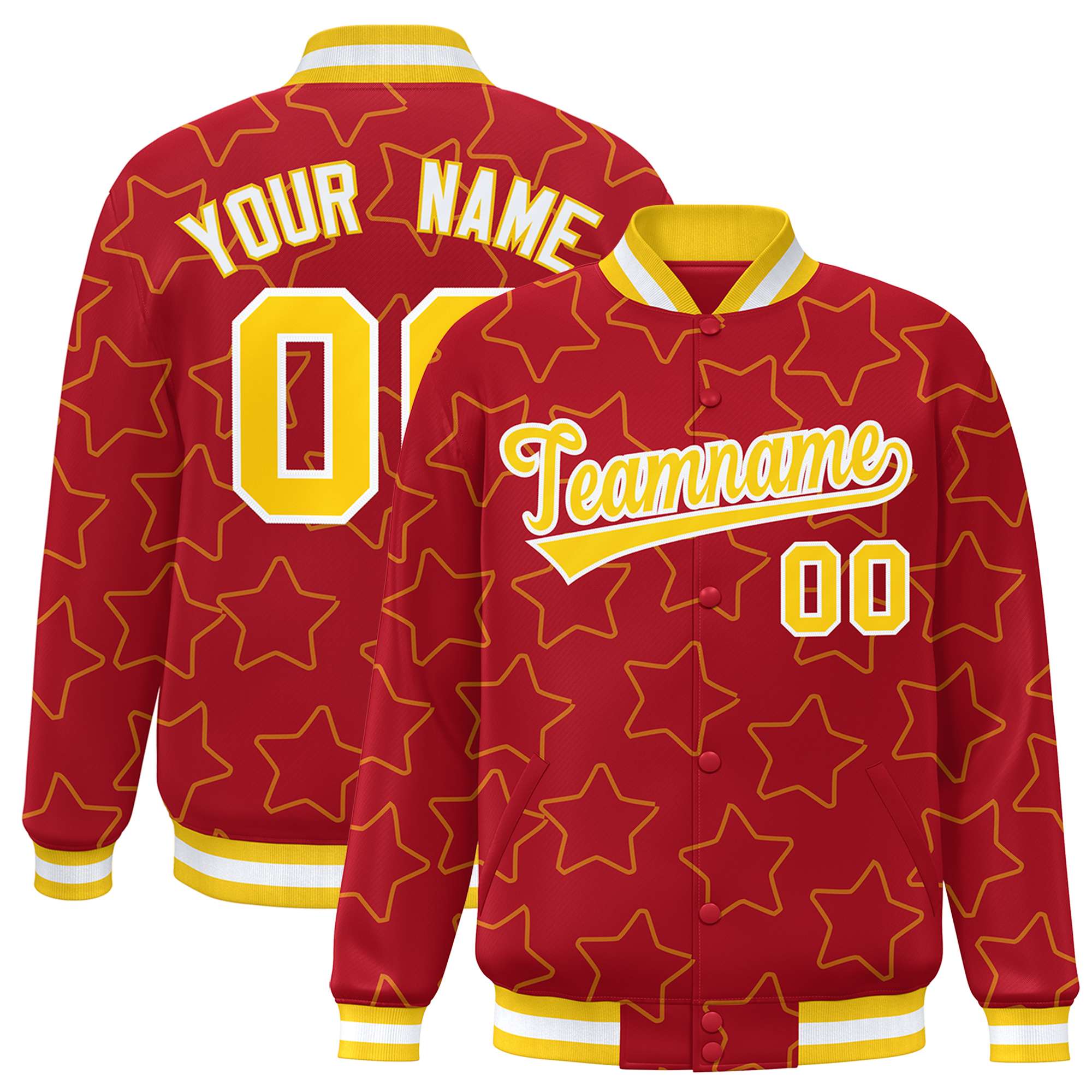 Custom Red Gold Varsity Full-Snap Star Pattern Letterman Baseball Jacket