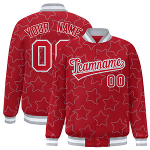 Custom Red Gray Varsity Full-Snap Star Pattern Letterman Baseball Jacket