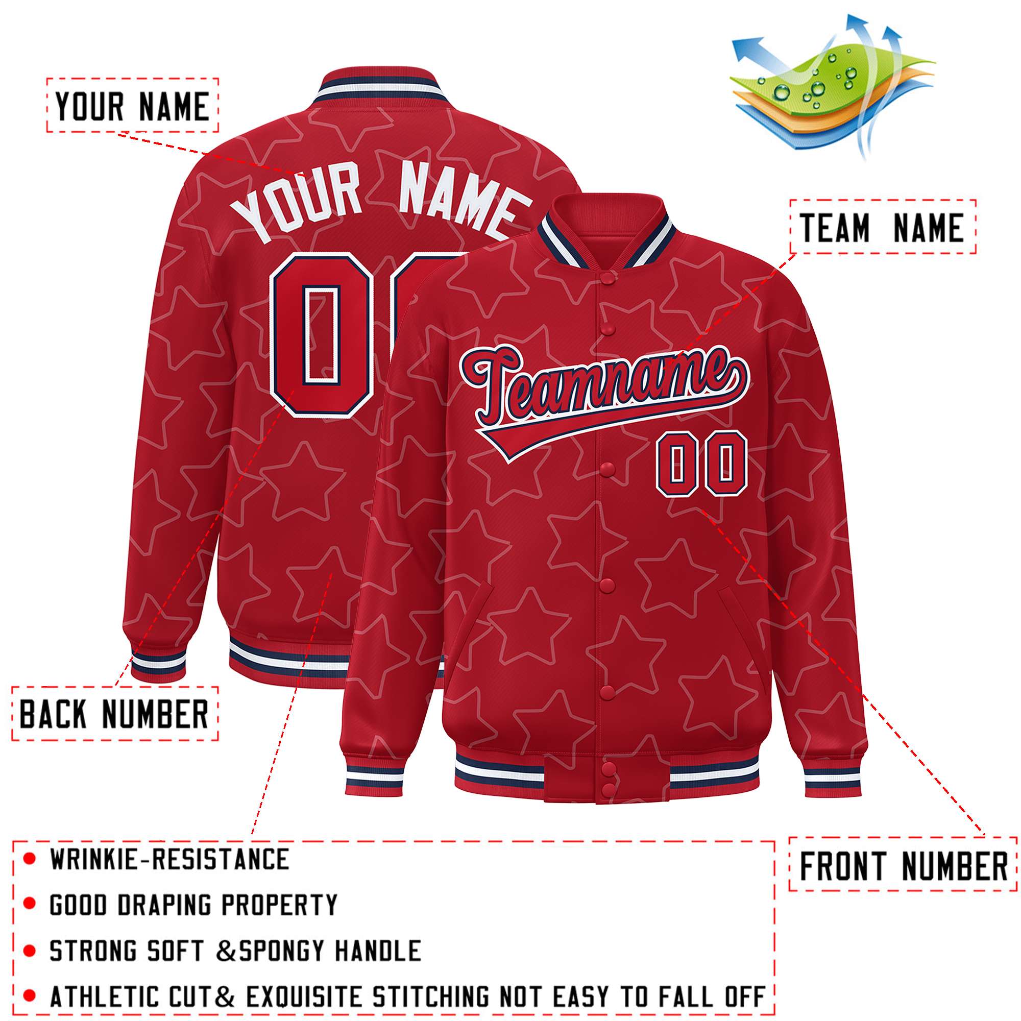 Custom Red White Varsity Full-Snap Star Pattern Letterman Baseball Jacket