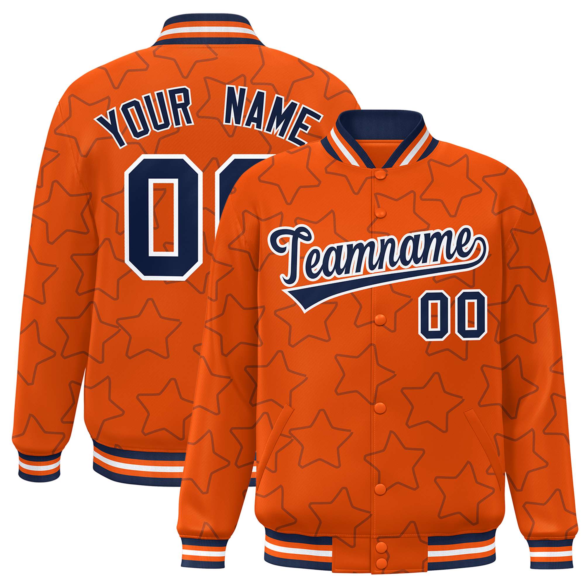 Custom Orange Navy Varsity Full-Snap Star Pattern Letterman Baseball Jacket