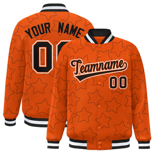 Custom Orange Black Varsity Full-Snap Star Pattern Letterman Baseball Jacket