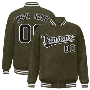 Custom Olive Black Varsity Full-Snap Star Pattern Letterman Baseball Jacket