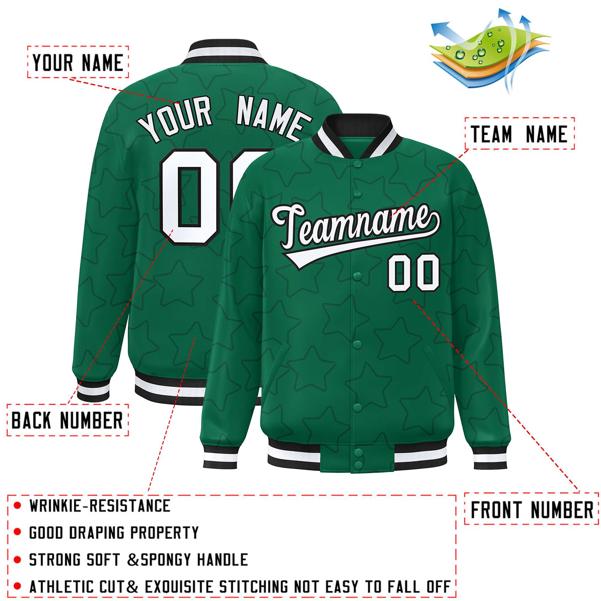 Custom Kelly Green Black Varsity Full-Snap Star Pattern Letterman Baseball Jacket