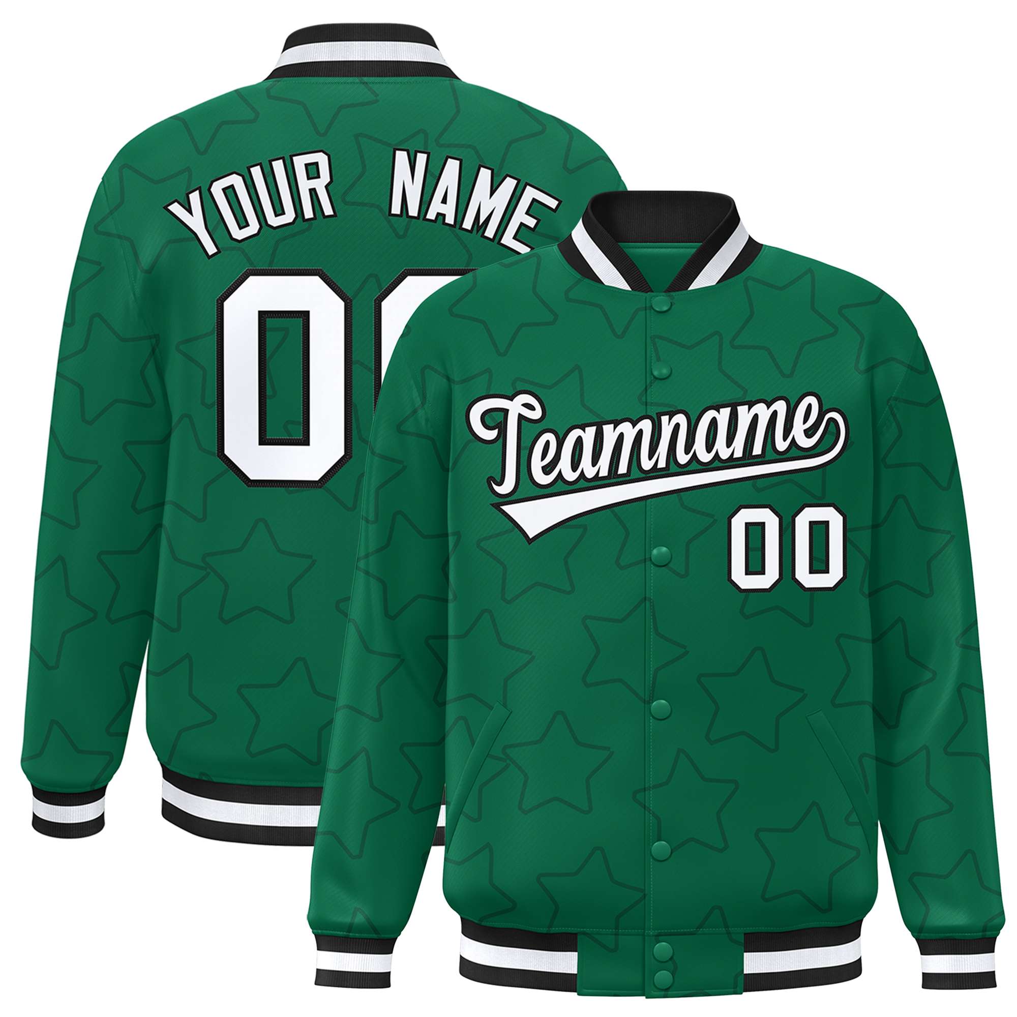 Custom Kelly Green Black Varsity Full-Snap Star Pattern Letterman Baseball Jacket