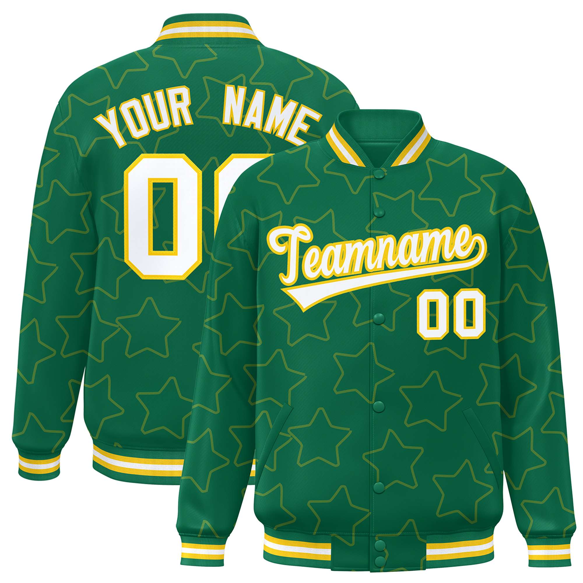 Custom Kelly Green Gold Varsity Full Snap Star Pattern Letterman Baseb KXKSHOP