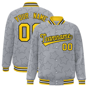 Custom Gray Black Varsity Full-Snap Star Pattern Letterman Baseball Jacket