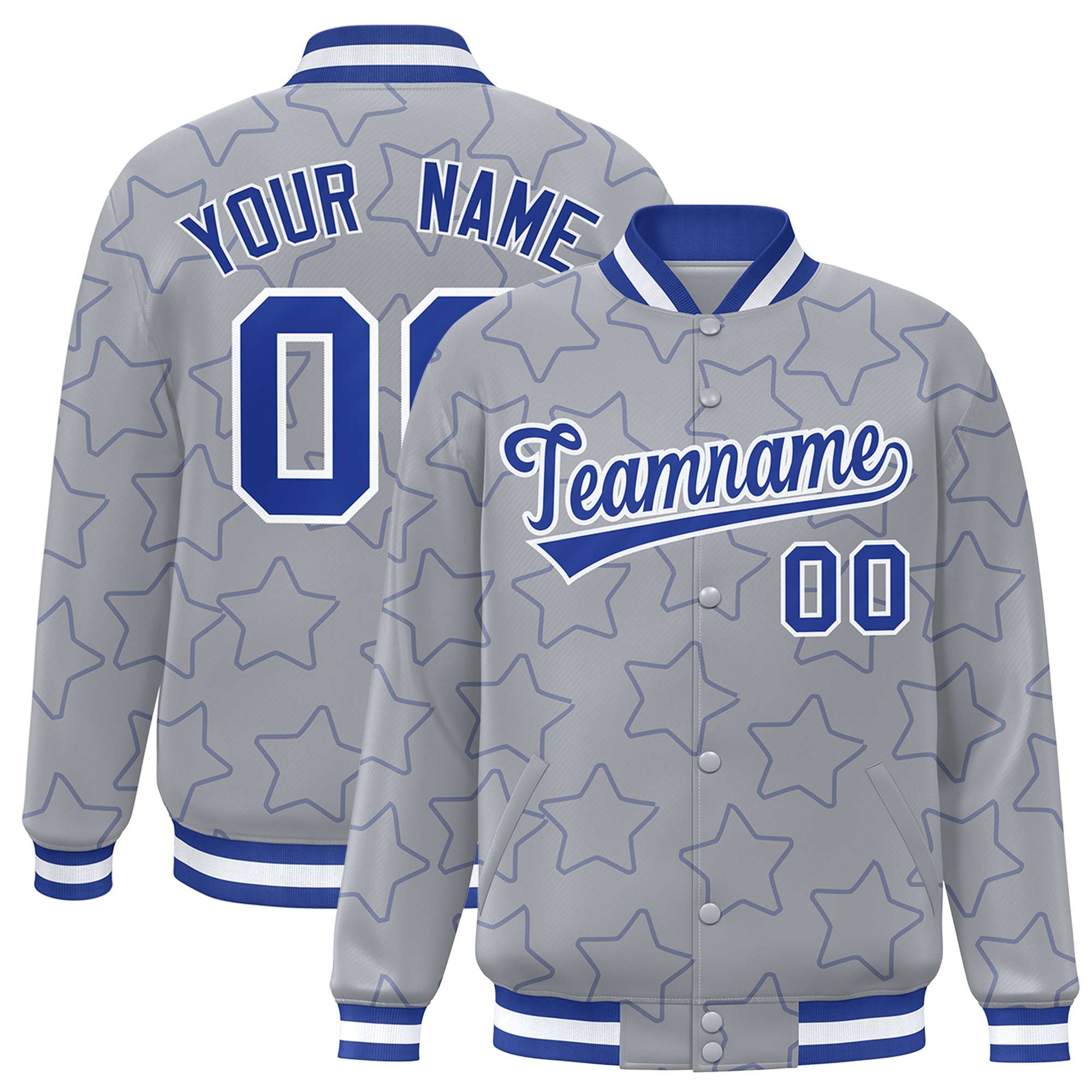 Custom Gray Royal Varsity Full-Snap Star Pattern Letterman Baseball Jacket