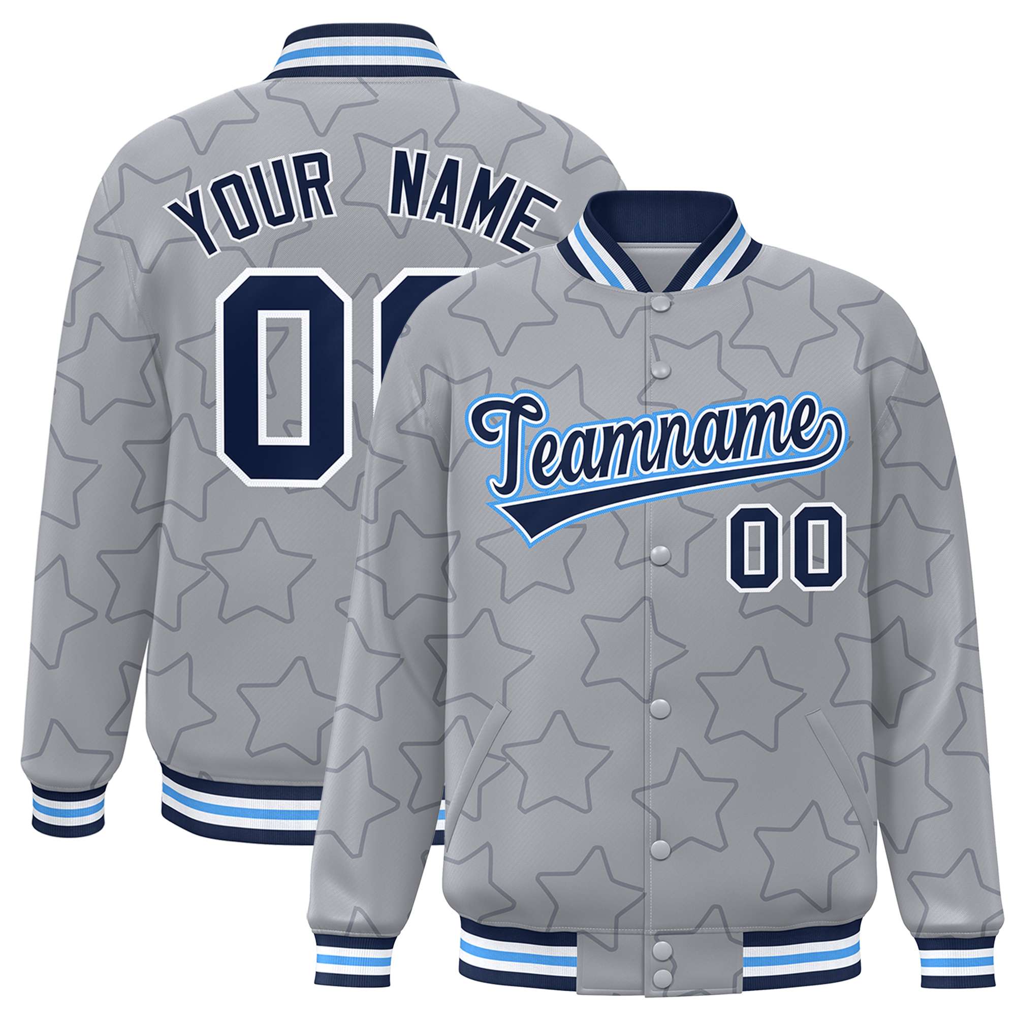 Custom Gray Navy Varsity Full-Snap Star Pattern Letterman Baseball Jacket