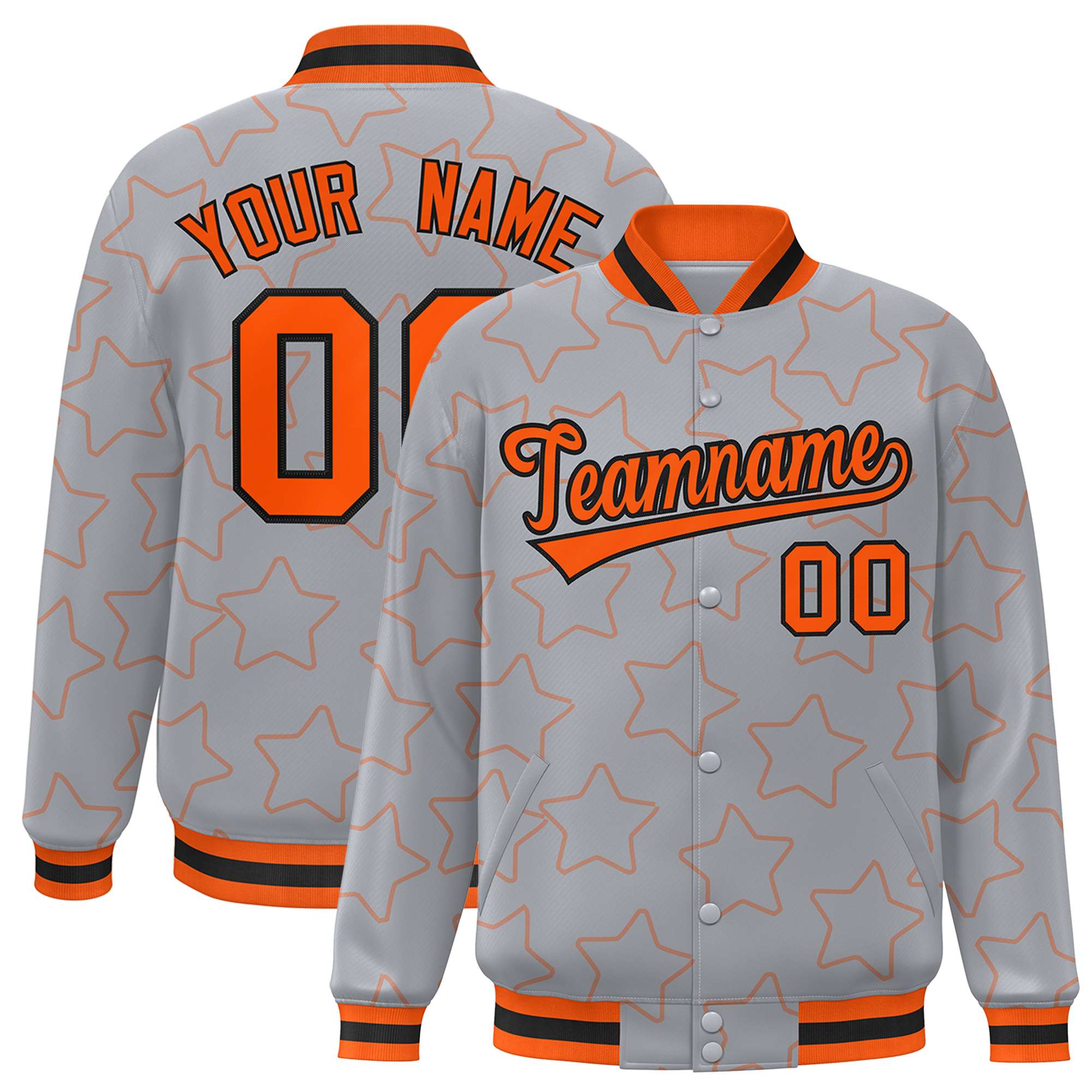 Custom Gray Orange Varsity Full-Snap Star Pattern Letterman Baseball Jacket