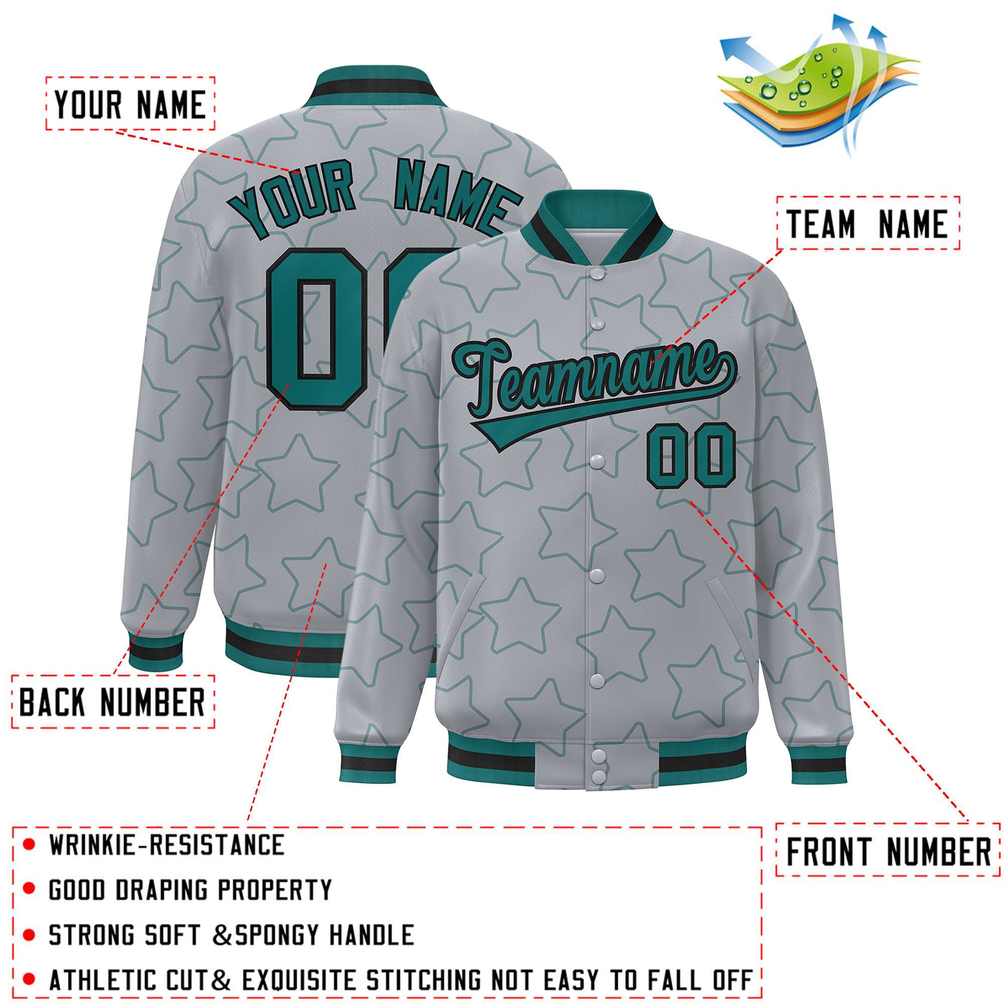 Custom Gray Aqua Varsity Full-Snap Star Pattern Letterman Baseball Jacket