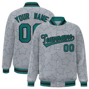 Custom Gray Aqua Varsity Full-Snap Star Pattern Letterman Baseball Jacket