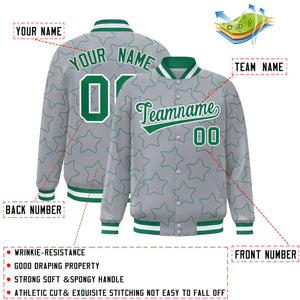 Custom Gray Kelly Green Varsity Full-Snap Star Pattern Letterman Baseball Jacket