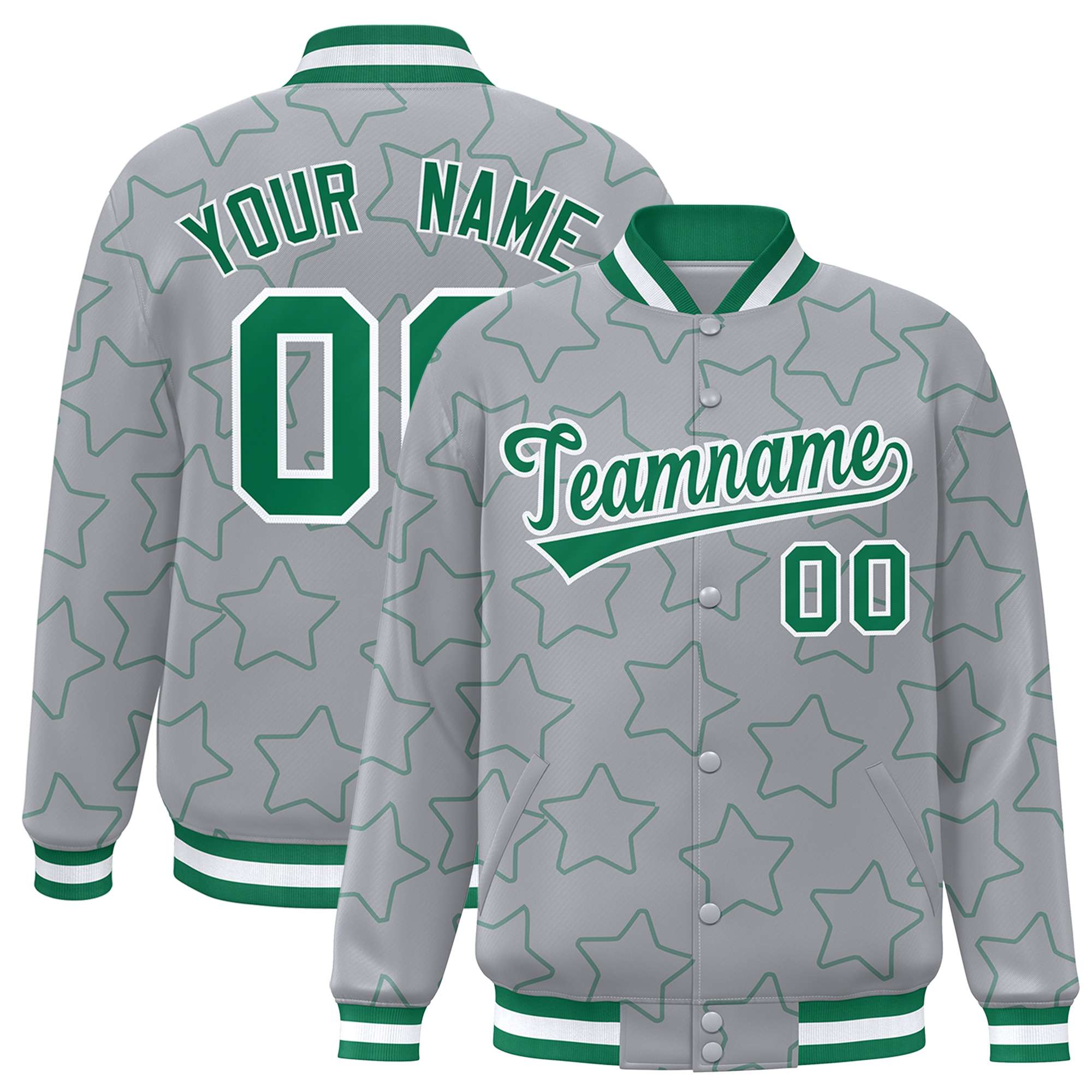 Custom Gray Kelly Green Varsity Full-Snap Star Pattern Letterman Baseball Jacket