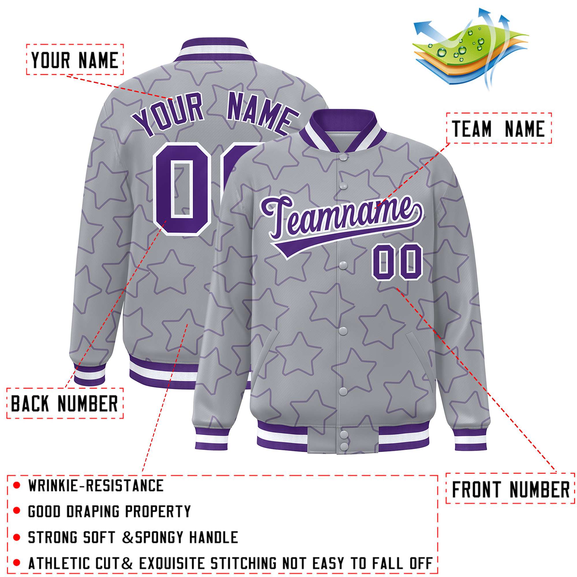 Custom Gray Purple Varsity Full-Snap Star Pattern Letterman Baseball Jacket