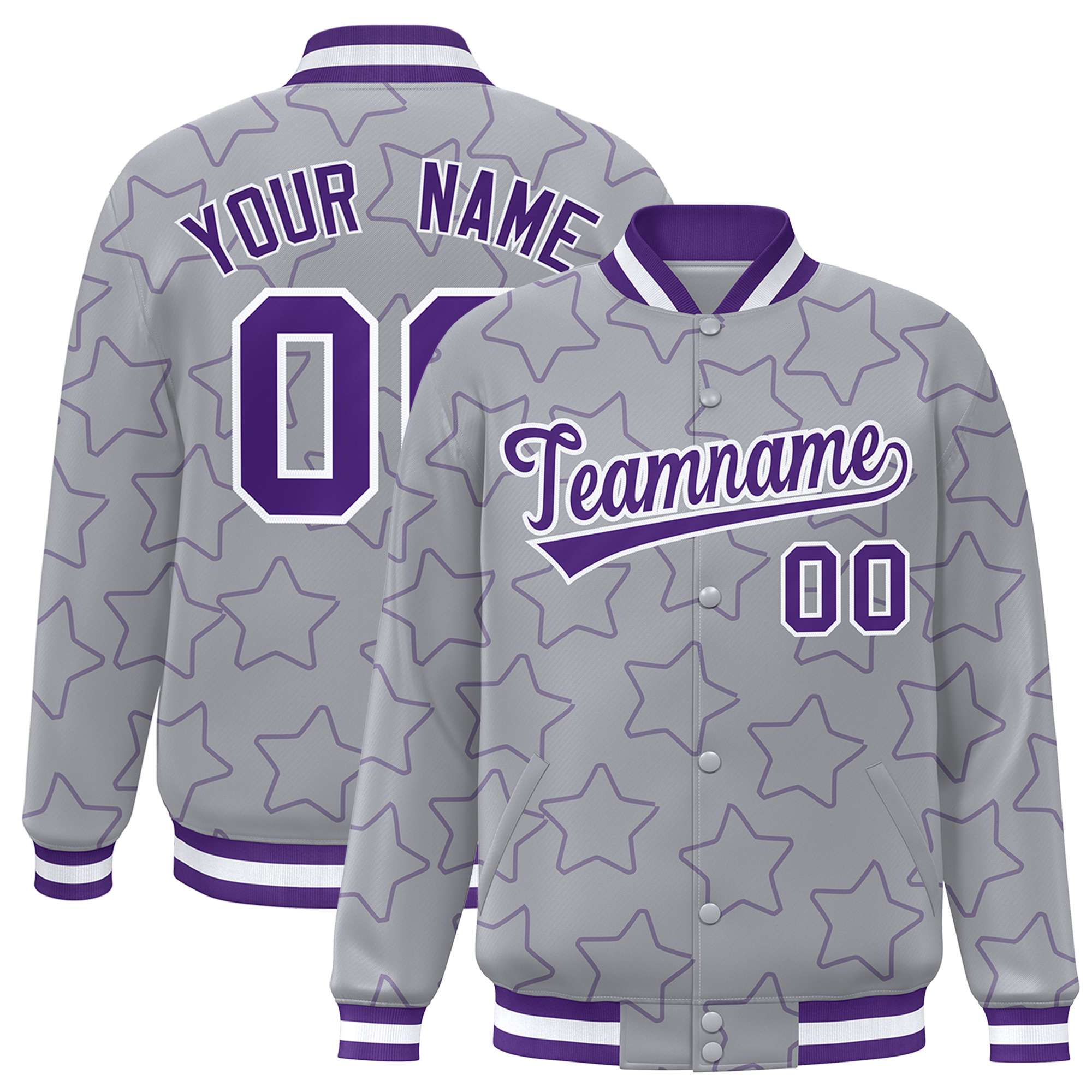 Custom Gray Purple Varsity Full-Snap Star Pattern Letterman Baseball Jacket