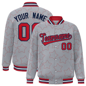 Custom Gray Red Varsity Full-Snap Star Pattern Letterman Baseball Jacket