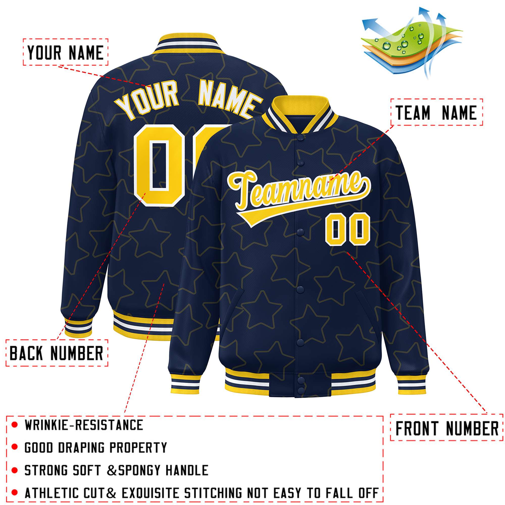 Custom Navy Gold Varsity Full-Snap Star Pattern Letterman Baseball Jacket