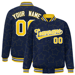 Custom Navy Gold Varsity Full-Snap Star Pattern Letterman Baseball Jacket