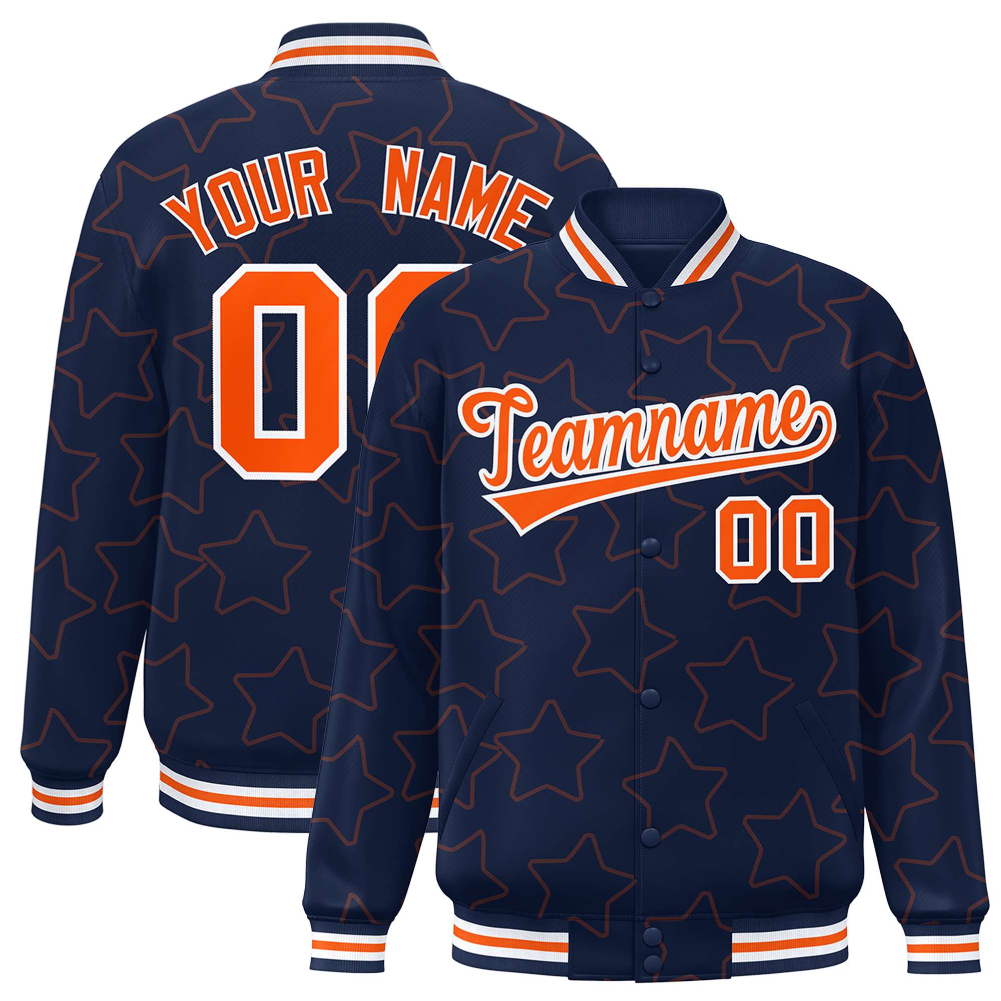 Custom Navy Orange Varsity Full-Snap Star Pattern Letterman Baseball Jacket