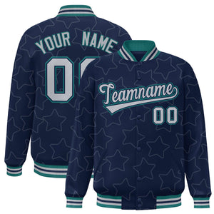 Custom Navy Gray Varsity Full-Snap Star Pattern Letterman Baseball Jacket