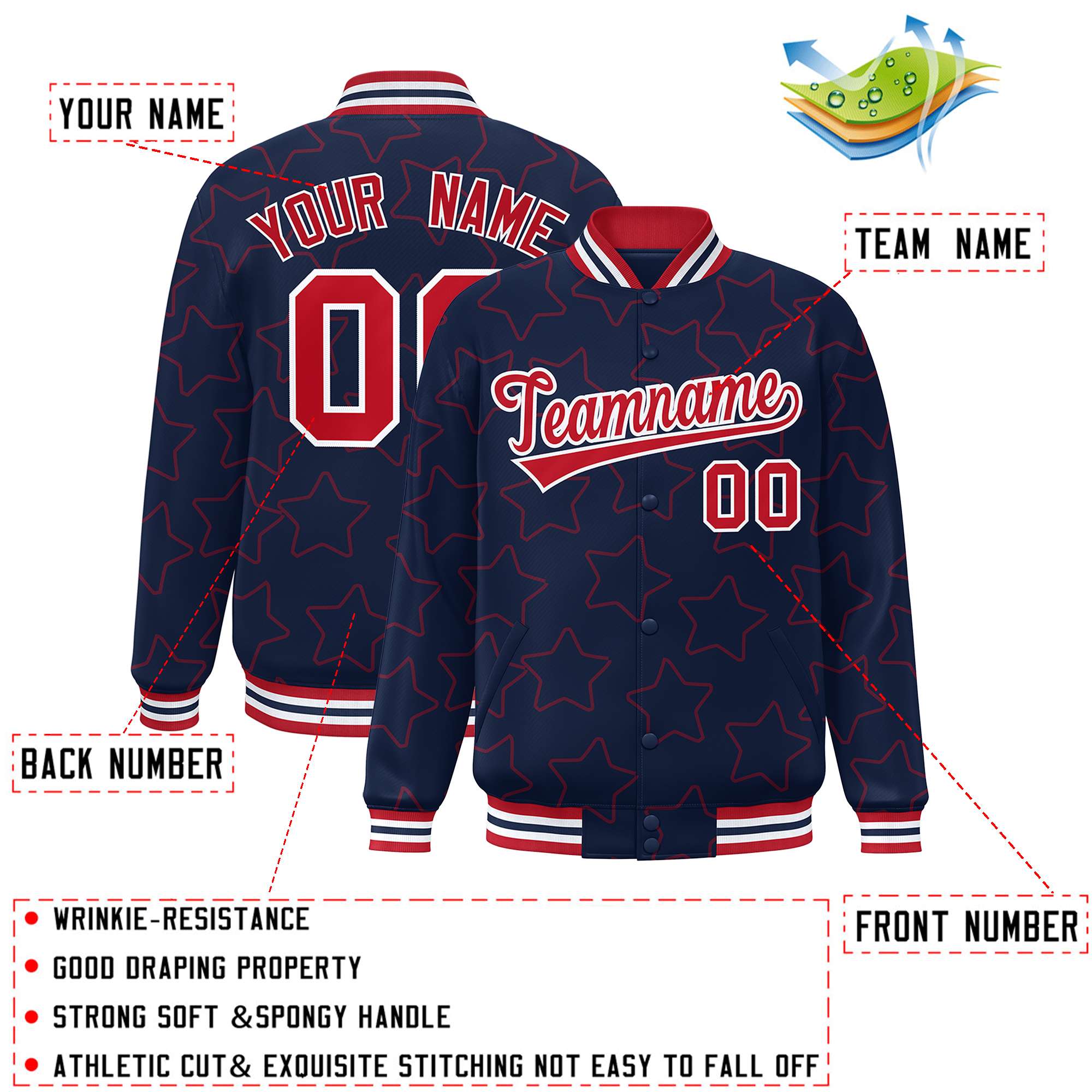 Custom Navy Red Varsity Full-Snap Star Pattern Letterman Baseball Jacket