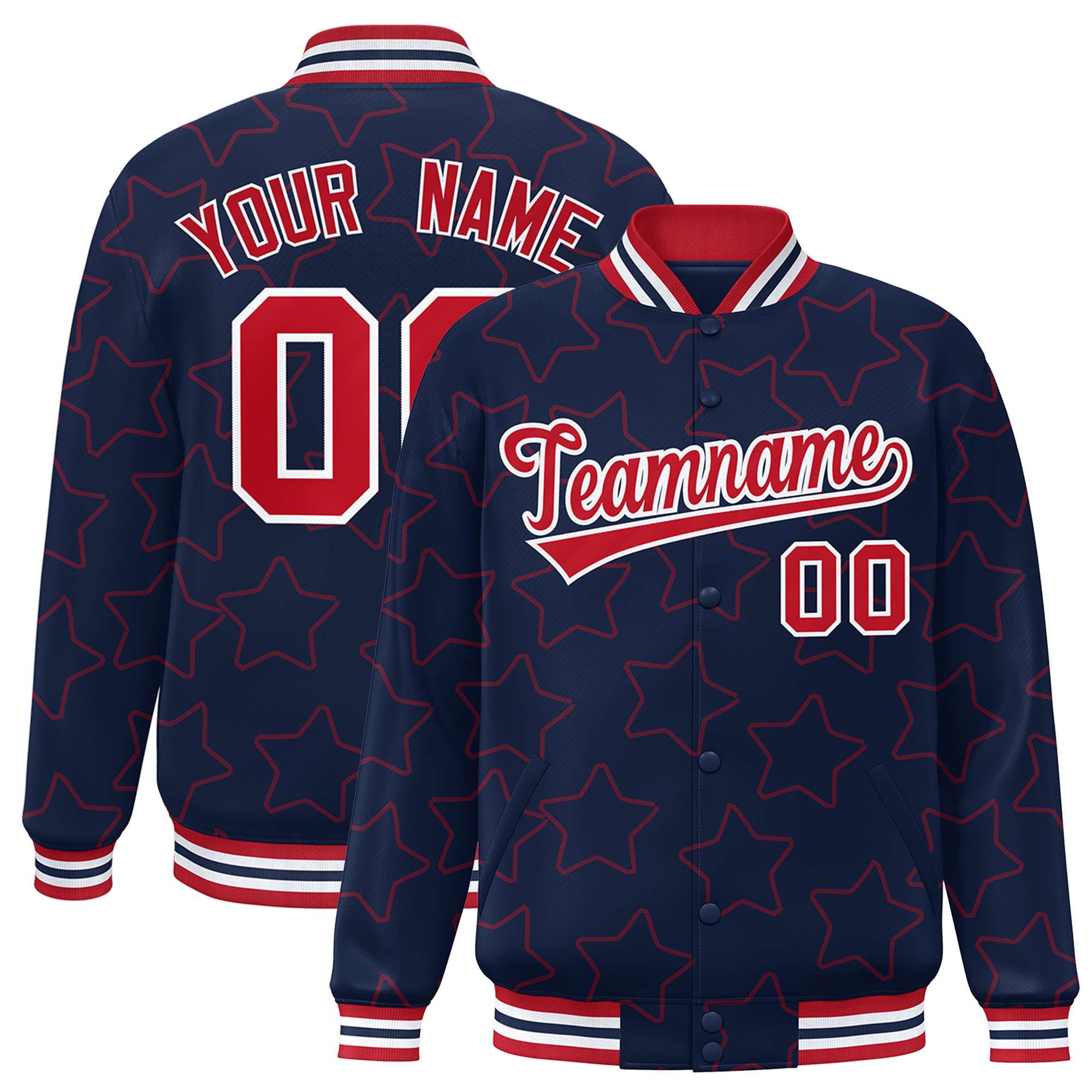 Custom Navy Red Varsity Full-Snap Star Pattern Letterman Baseball Jacket