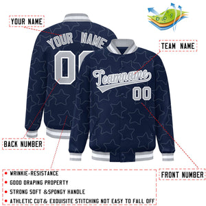 Custom Navy Gray Varsity Full-Snap Star Pattern Letterman Baseball Jacket