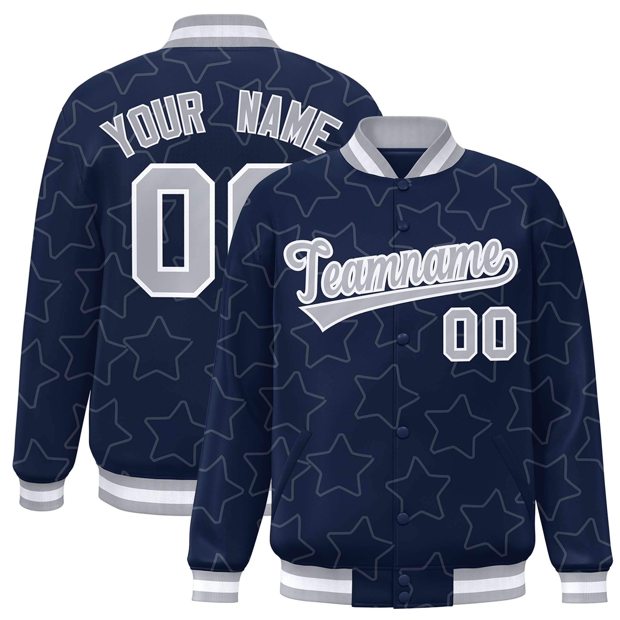 Custom Navy Gray Varsity Full-Snap Star Pattern Letterman Baseball Jacket