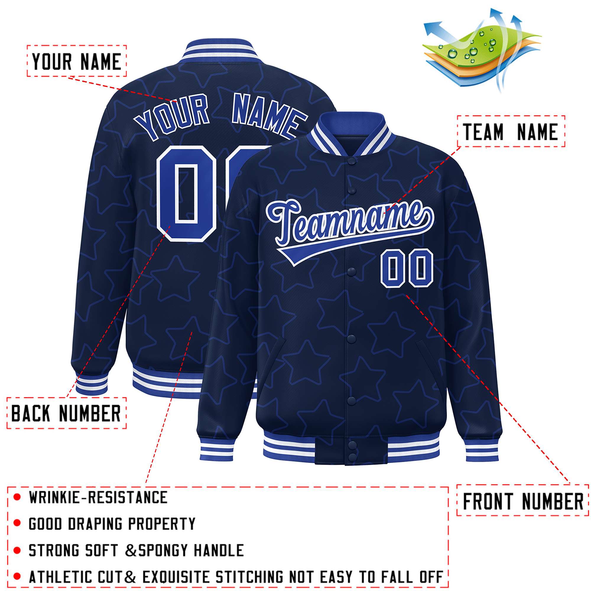 Custom Navy Royal Varsity Full-Snap Star Pattern Letterman Baseball Jacket