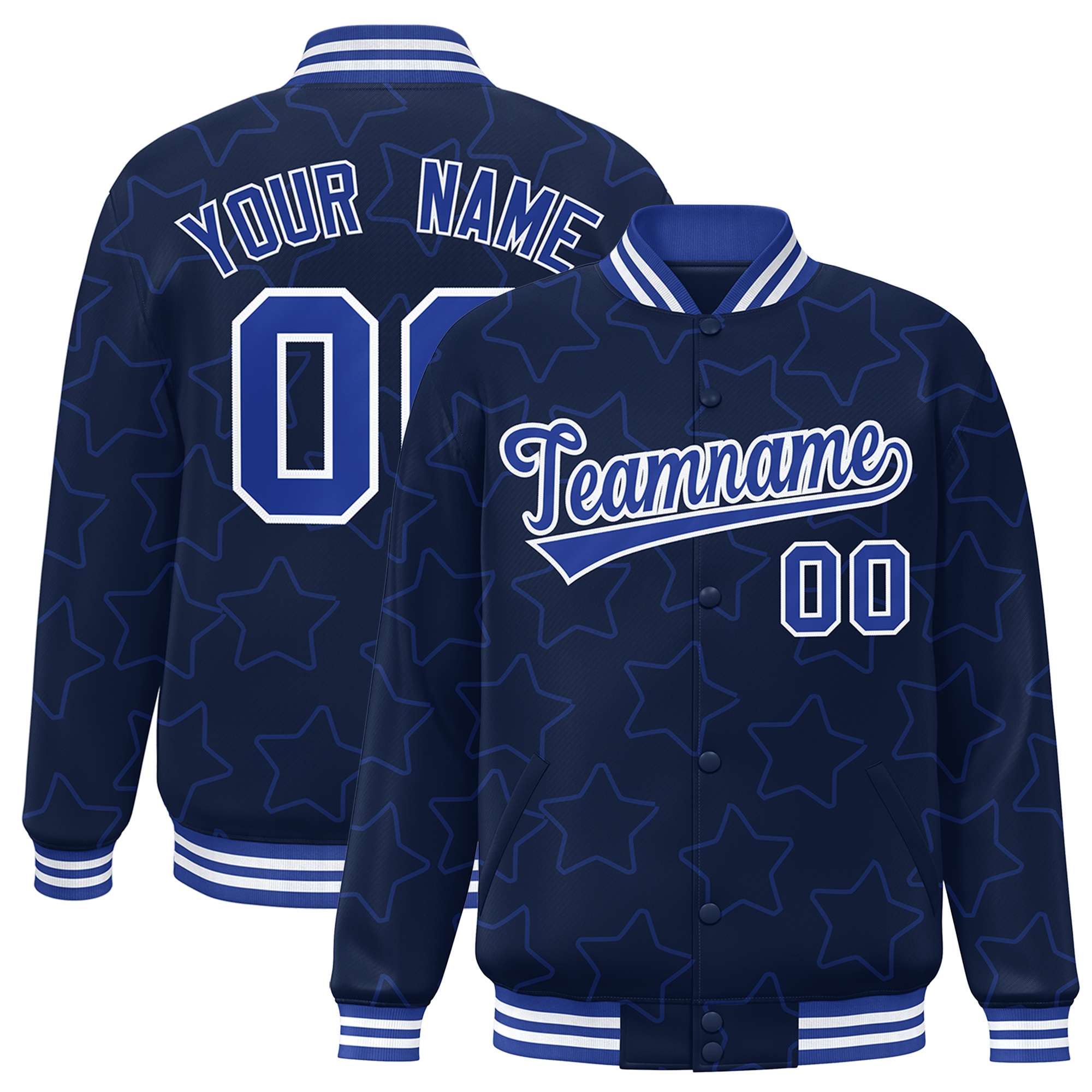 Custom Navy Royal Varsity Full-Snap Star Pattern Letterman Baseball Jacket