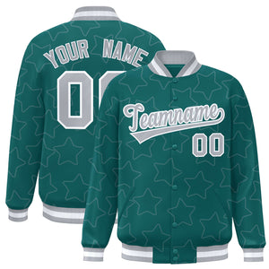 Custom Aqua Gray Varsity Full-Snap Star Pattern Letterman Baseball Jacket