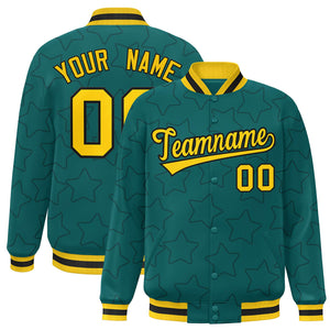 Custom Aqua Navy Varsity Full-Snap Star Pattern Letterman Baseball Jacket