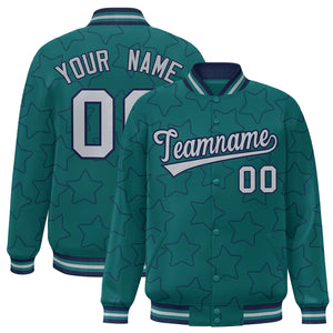 Custom Aqua Navy Varsity Full-Snap Star Pattern Letterman Baseball Jacket