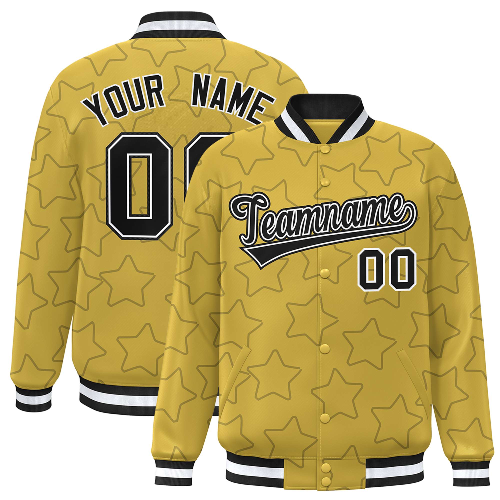 Custom Old Gold Black Varsity Full-Snap Star Pattern Letterman Baseball Jacket