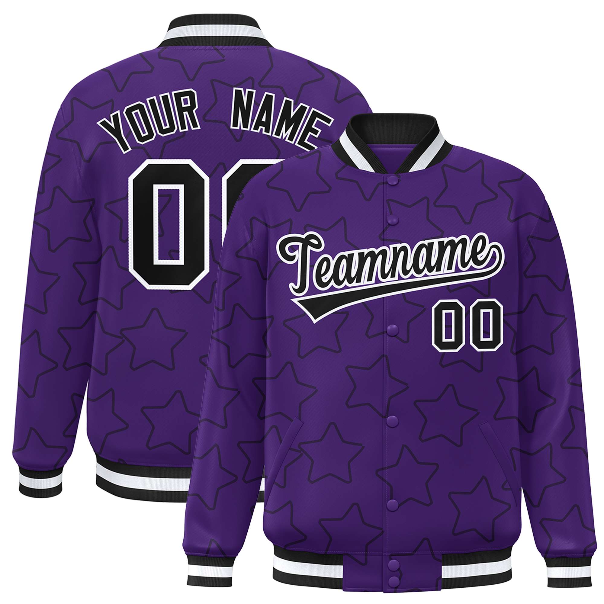 Custom Purple Black Varsity Full-Snap Star Pattern Letterman Baseball Jacket