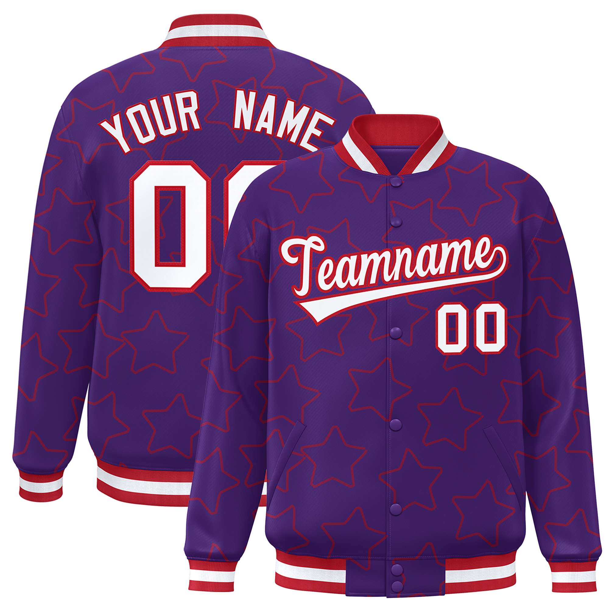 Custom Purple Red Varsity Full-Snap Star Pattern Letterman Baseball Jacket