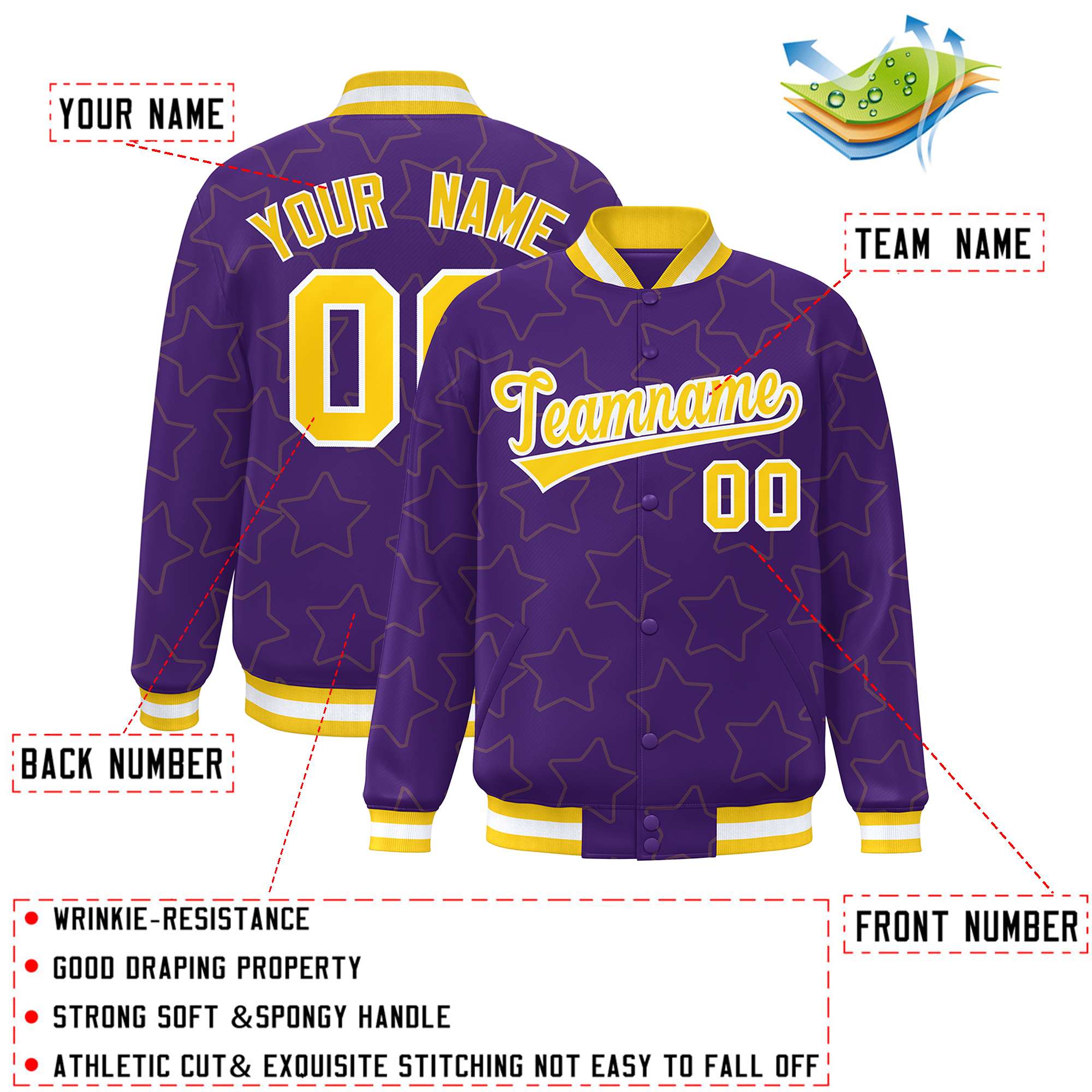 Custom Purple Gold Varsity Full-Snap Star Pattern Letterman Baseball Jacket