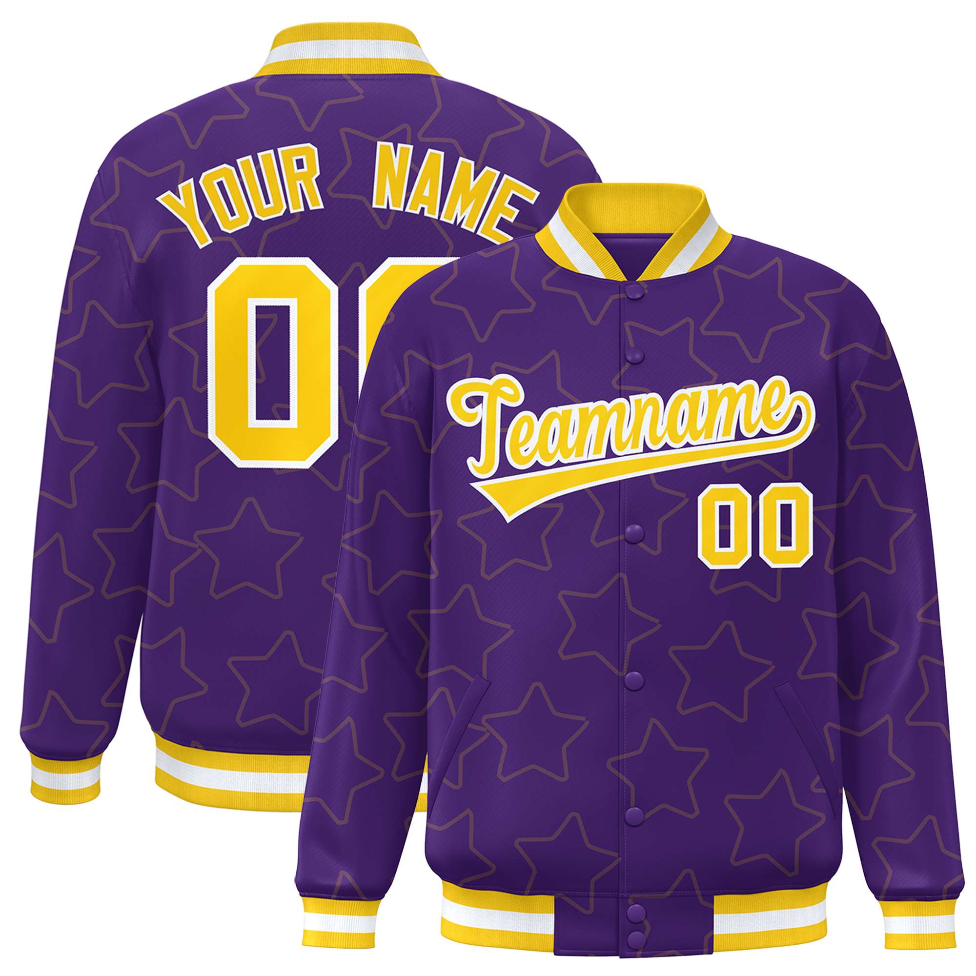 Custom Purple Gold Varsity Full-Snap Star Pattern Letterman Baseball Jacket