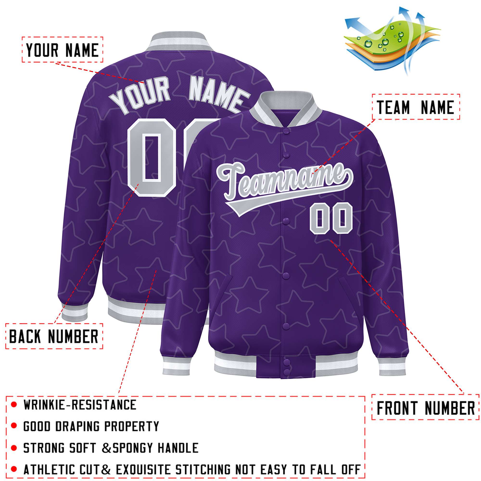 Custom Purple Gray Varsity Full-Snap Star Pattern Letterman Baseball Jacket