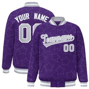 Custom Purple Gray Varsity Full-Snap Star Pattern Letterman Baseball Jacket