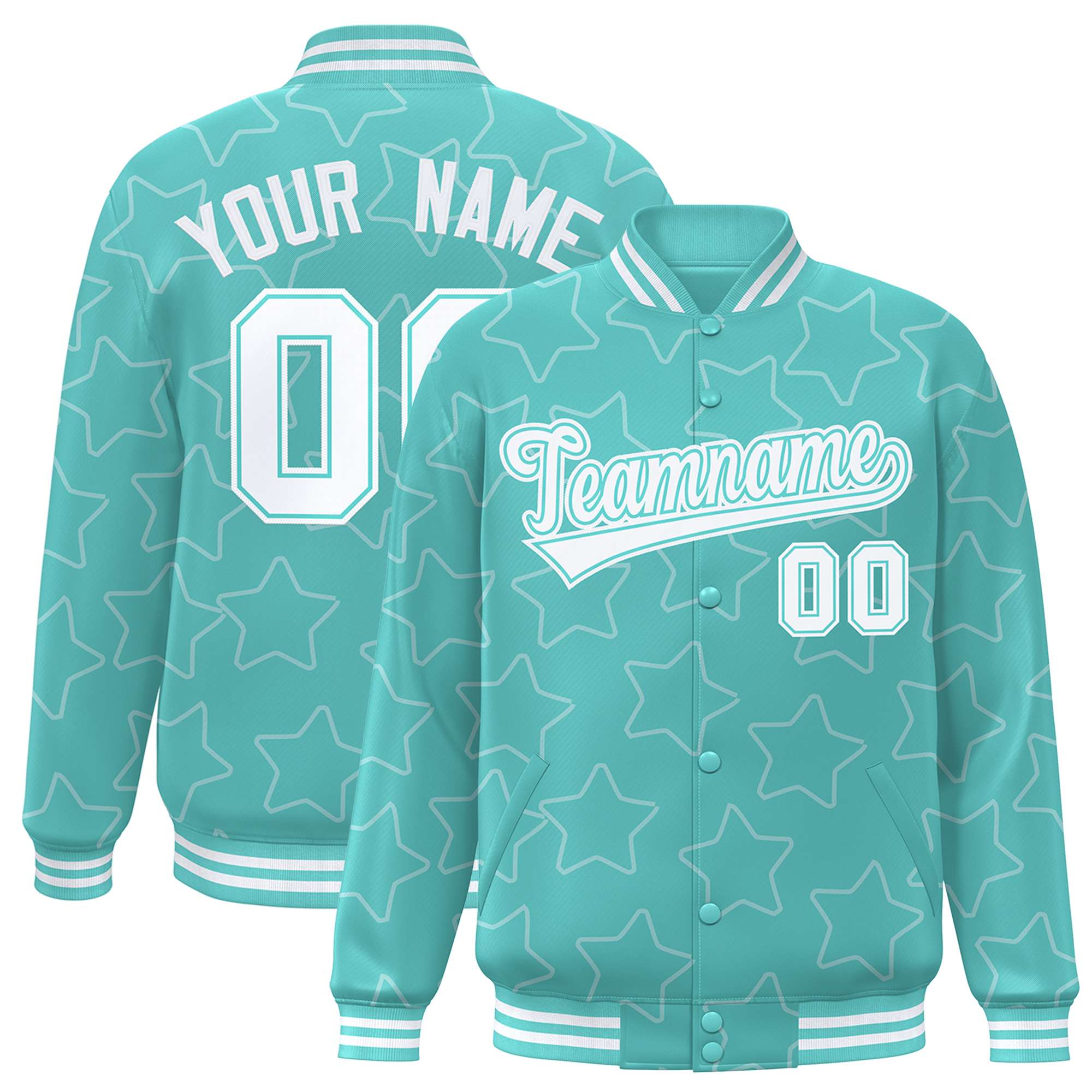 Custom Bright Green White Varsity Full-Snap Star Pattern Letterman Baseball Jacket