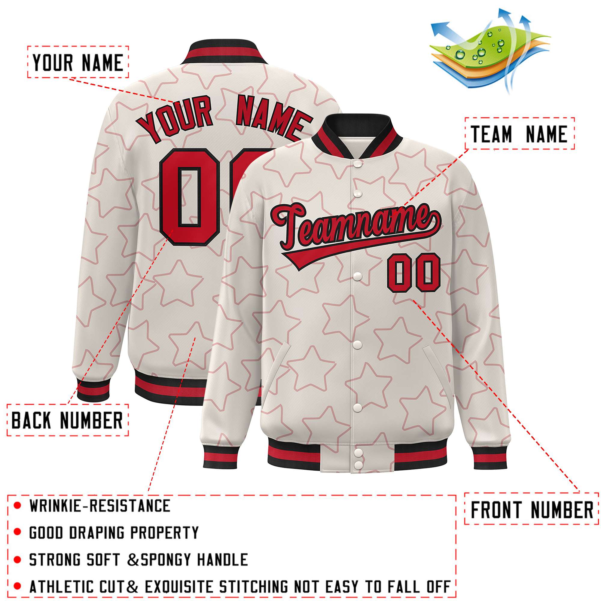 Custom Cream Red Varsity Full-Snap Star Pattern Letterman Baseball Jacket