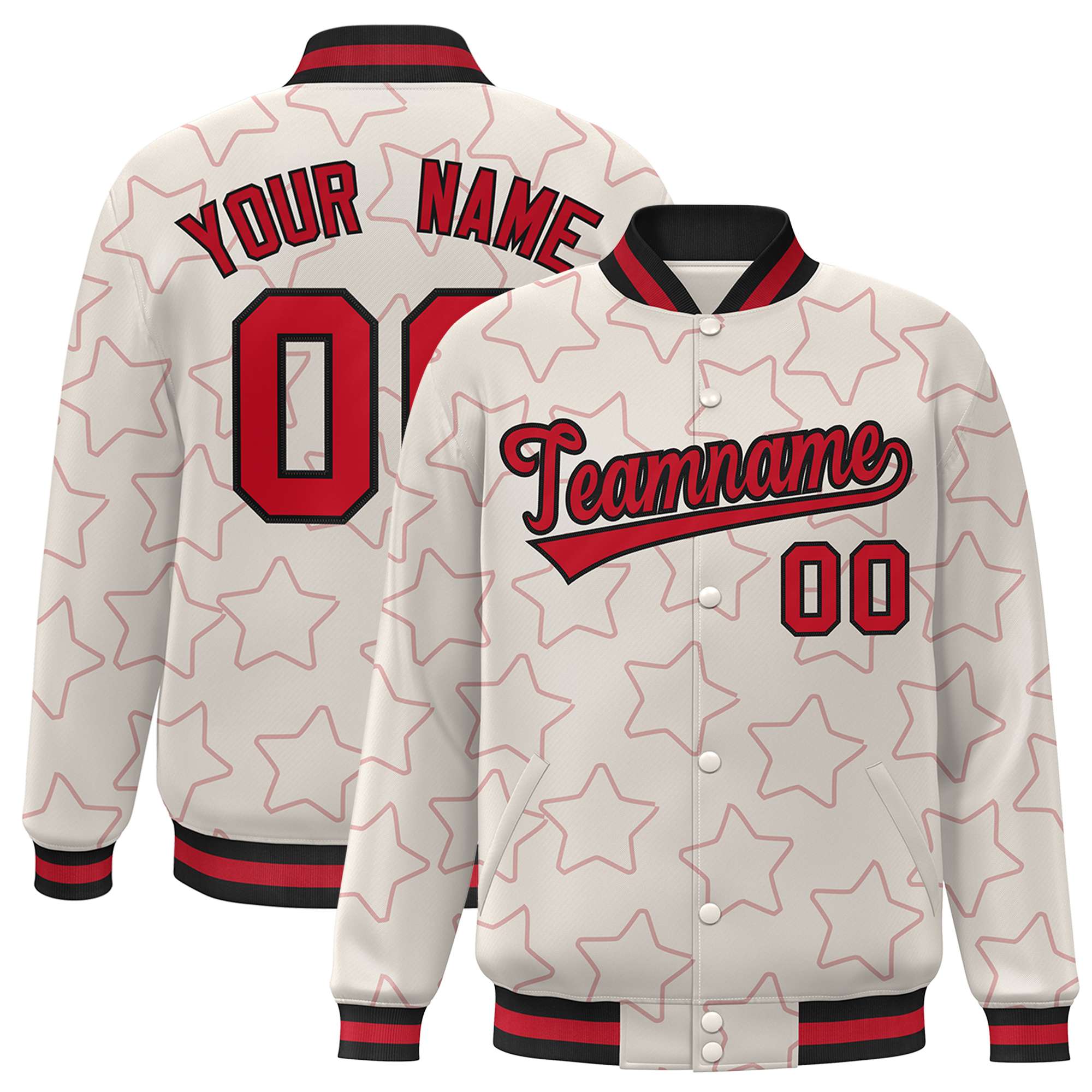 Custom Cream Red Varsity Full-Snap Star Pattern Letterman Baseball Jacket