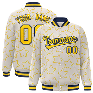 Custom Cream Gold Varsity Full-Snap Star Pattern Letterman Baseball Jacket