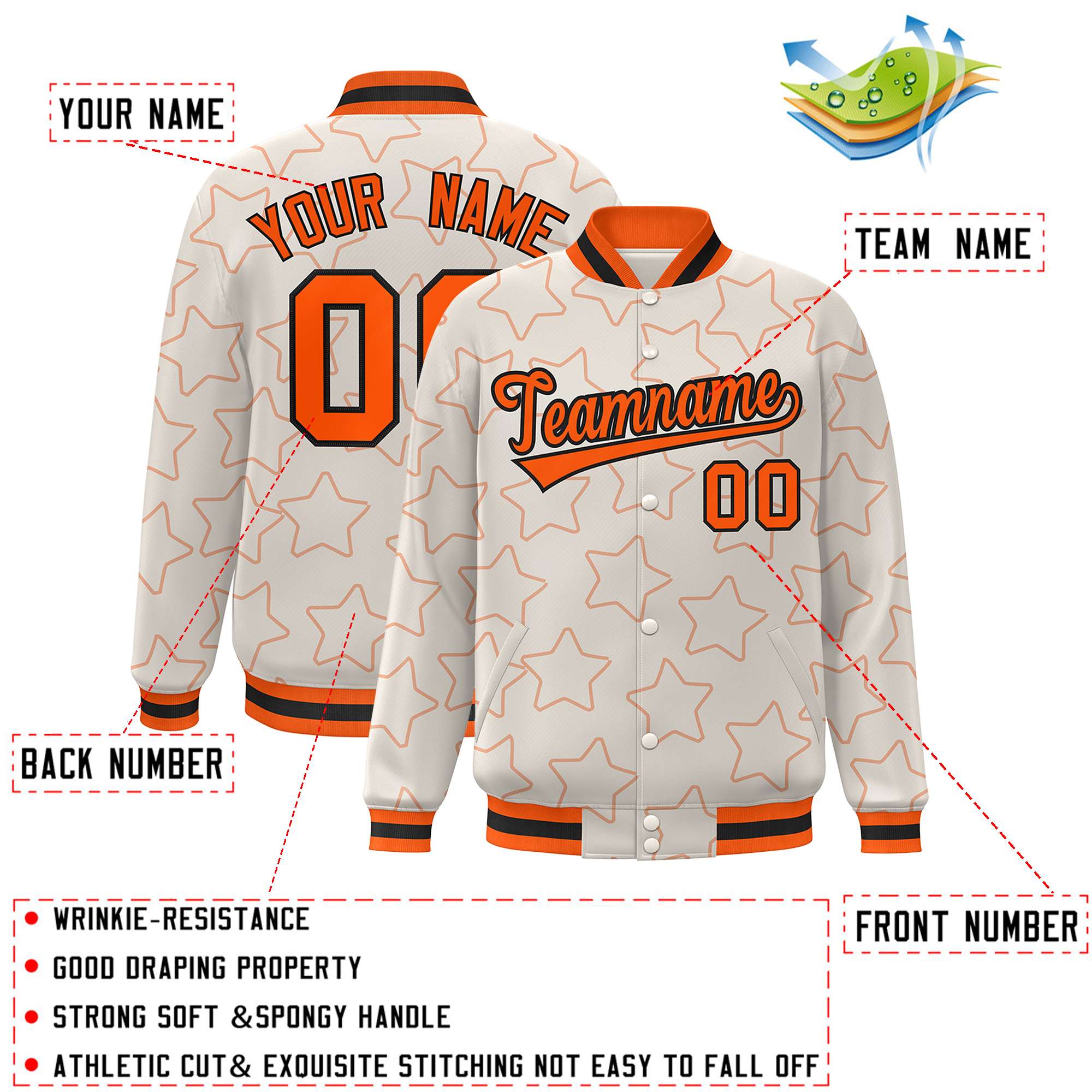 Custom Cream Orange Varsity Full-Snap Star Pattern Letterman Baseball Jacket