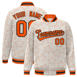 Custom Cream Orange Varsity Full-Snap Star Pattern Letterman Baseball Jacket